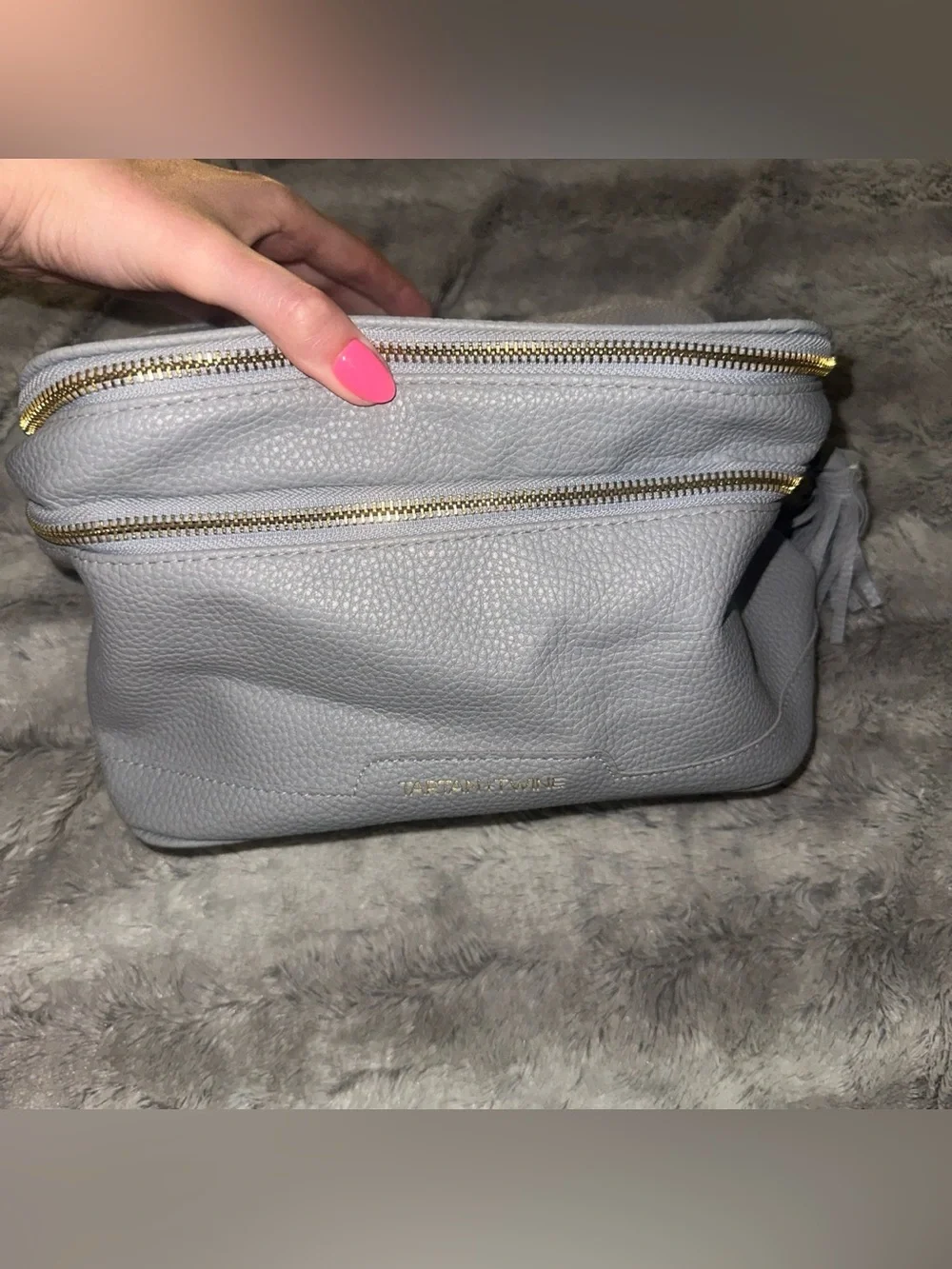 Grey leather double layer makeup bag